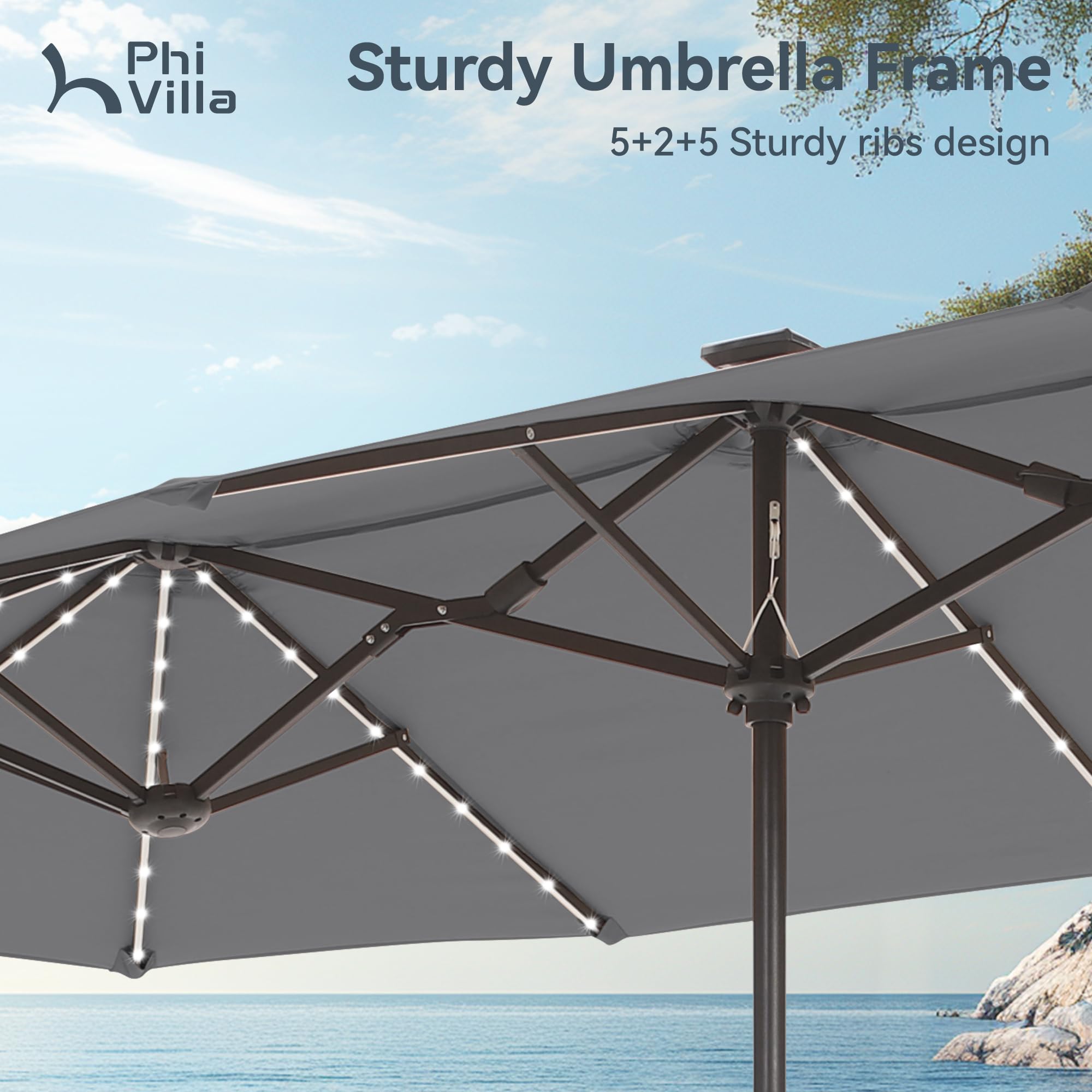 PHI VILLA 13ft umbrella 100% polyester canopy resists UV and weather.