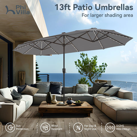 PHI VILLA 13ft umbrella dusk ambient light creates inviting outdoor ambience.