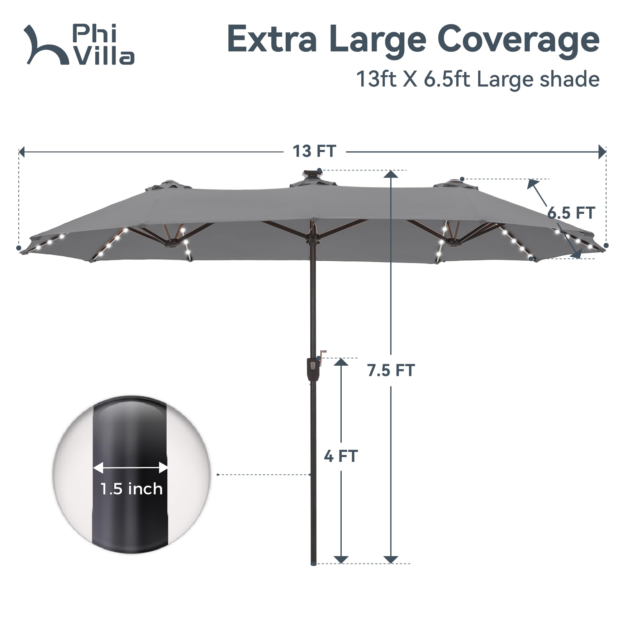 PHI VILLA 13ft umbrella with LEDs open-crank view for easy setup and shade.