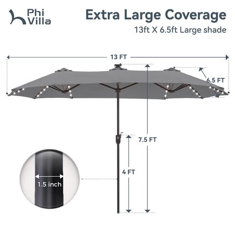 PHI VILLA 13ft umbrella with LEDs open-crank view for easy setup and shade.