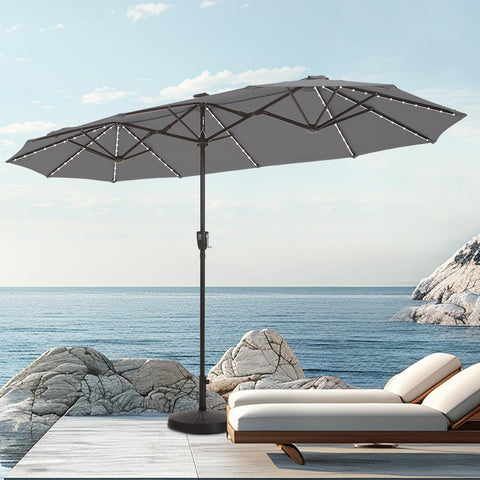 PHI VILLA 13ft umbrella with color-changing LEDs side view enhances outdoor evenings.