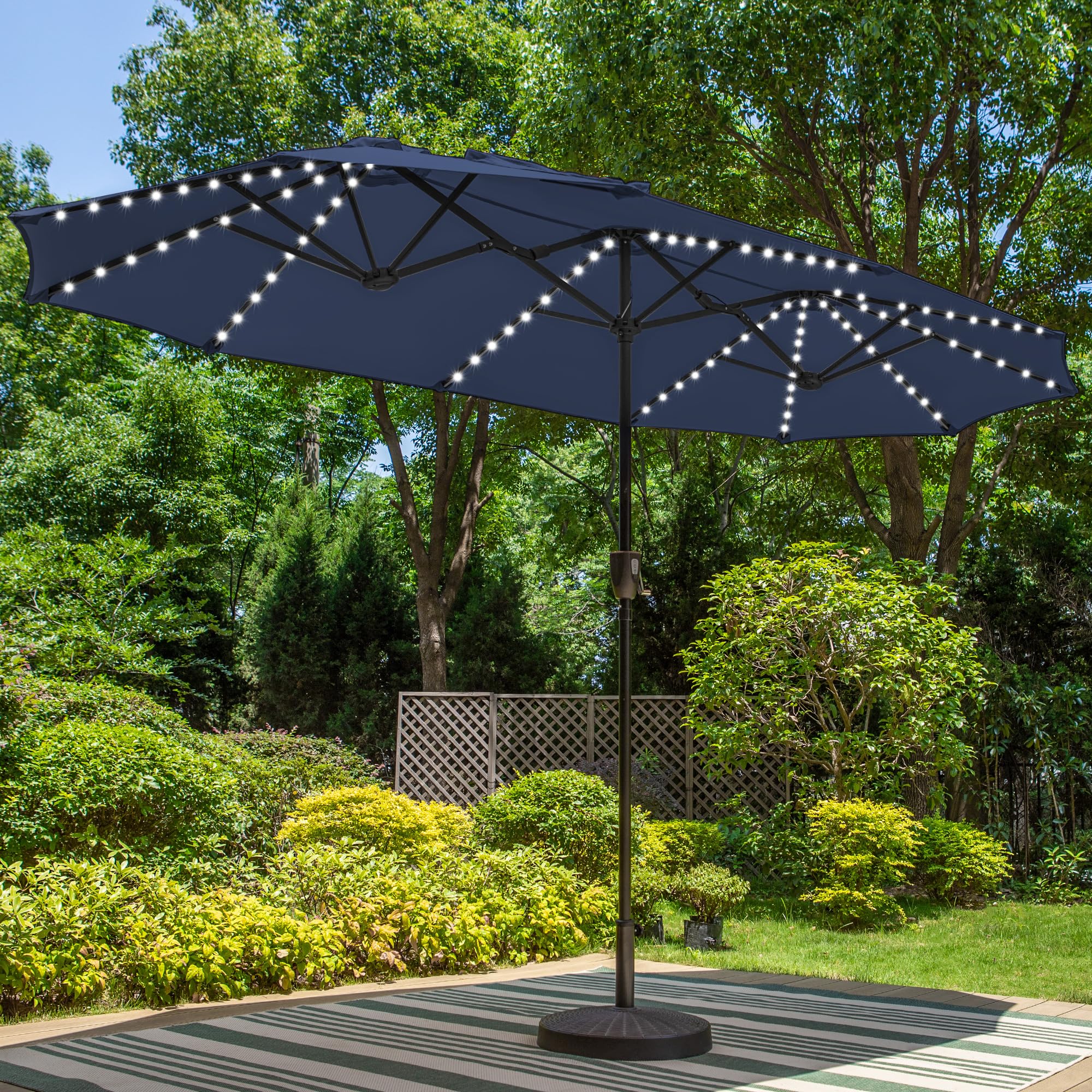 PHI VILLA 13ft patio umbrella navy-blue canopy provides broad shade for outdoor gatherings.