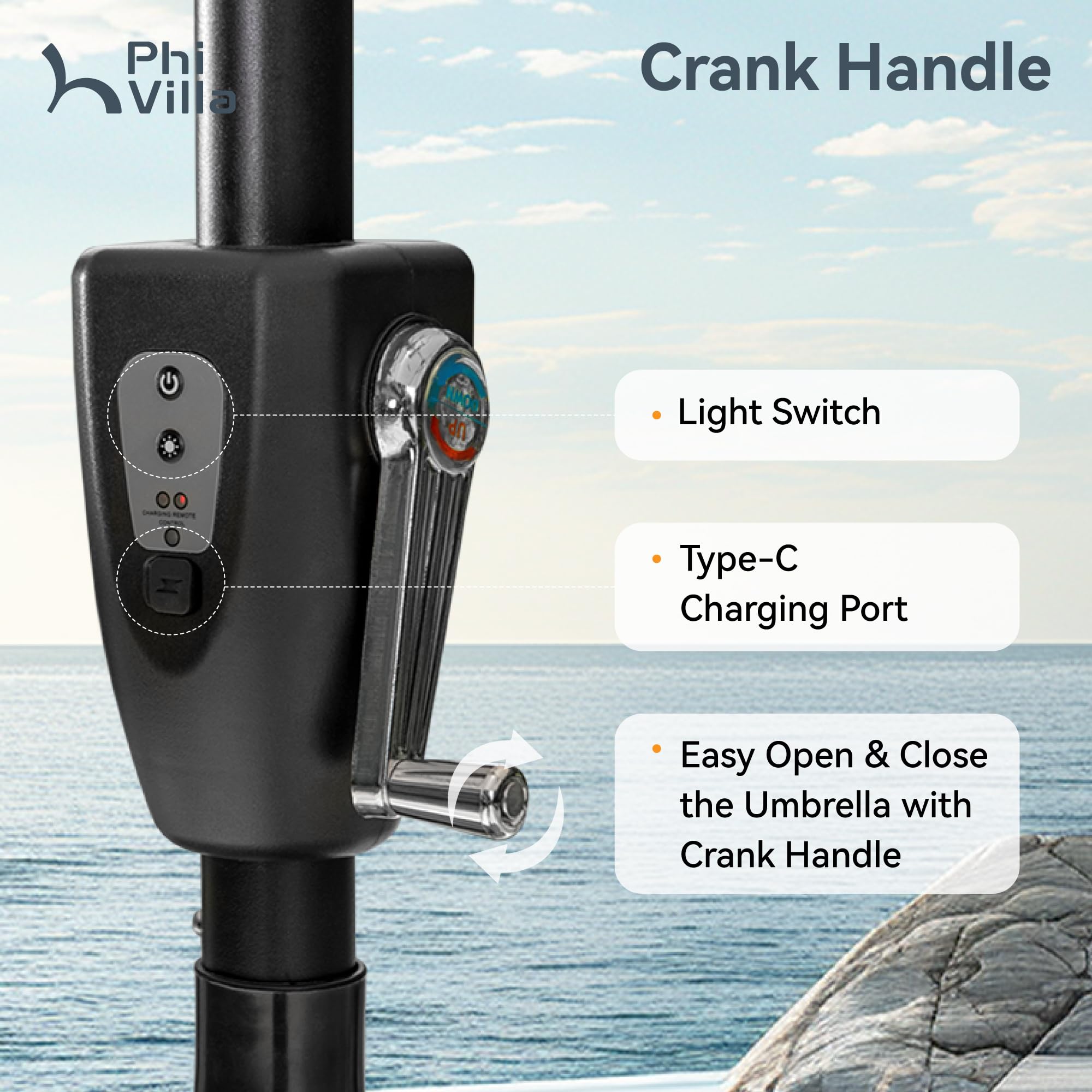 PHI VILLA 13ft umbrella rust-resistant pole demonstrates durable construction.