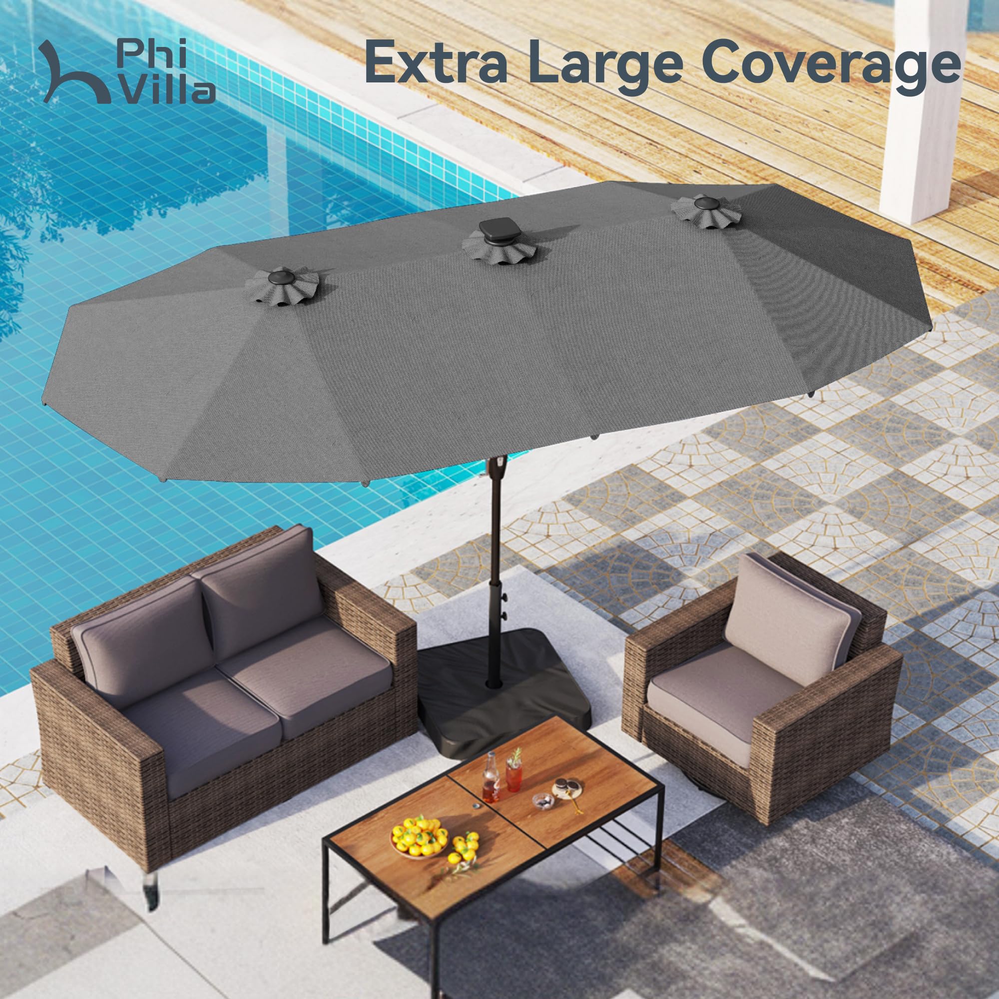 PHI VILLA 13ft umbrella triple-head coverage delivers expansive shade.