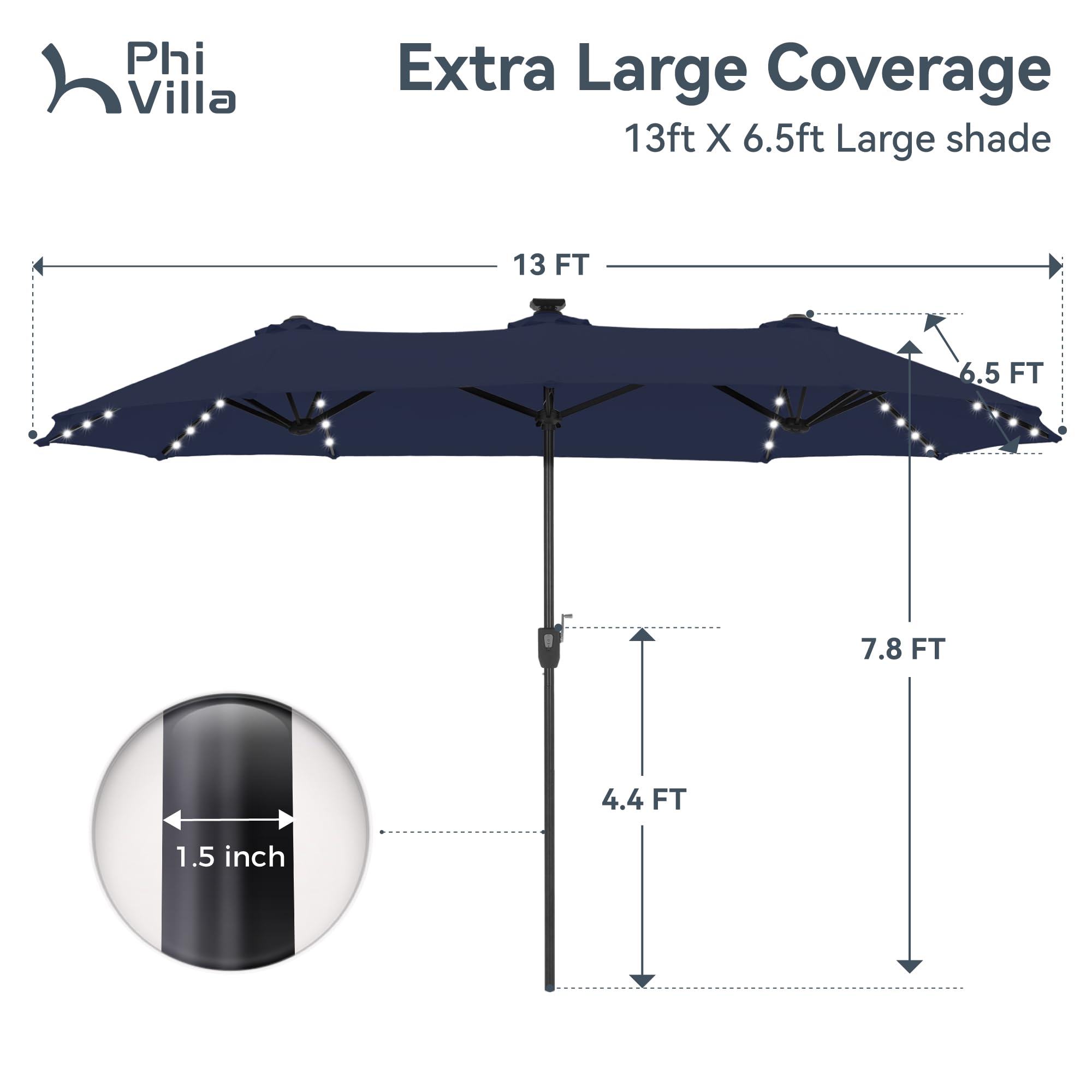 PHI VILLA 100% polyester canopy resists UV rays and cleans easily.