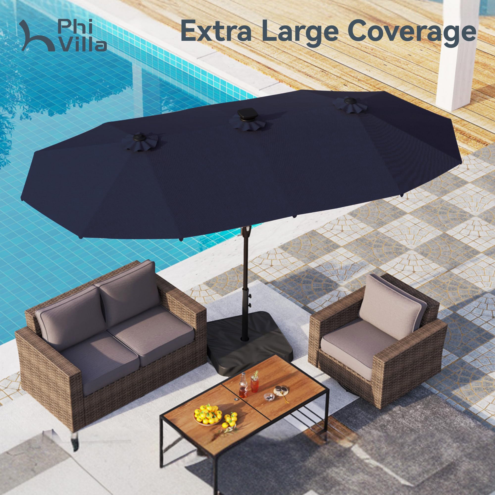 PHI VILLA triple-head design delivers extended shade over large dining areas.
