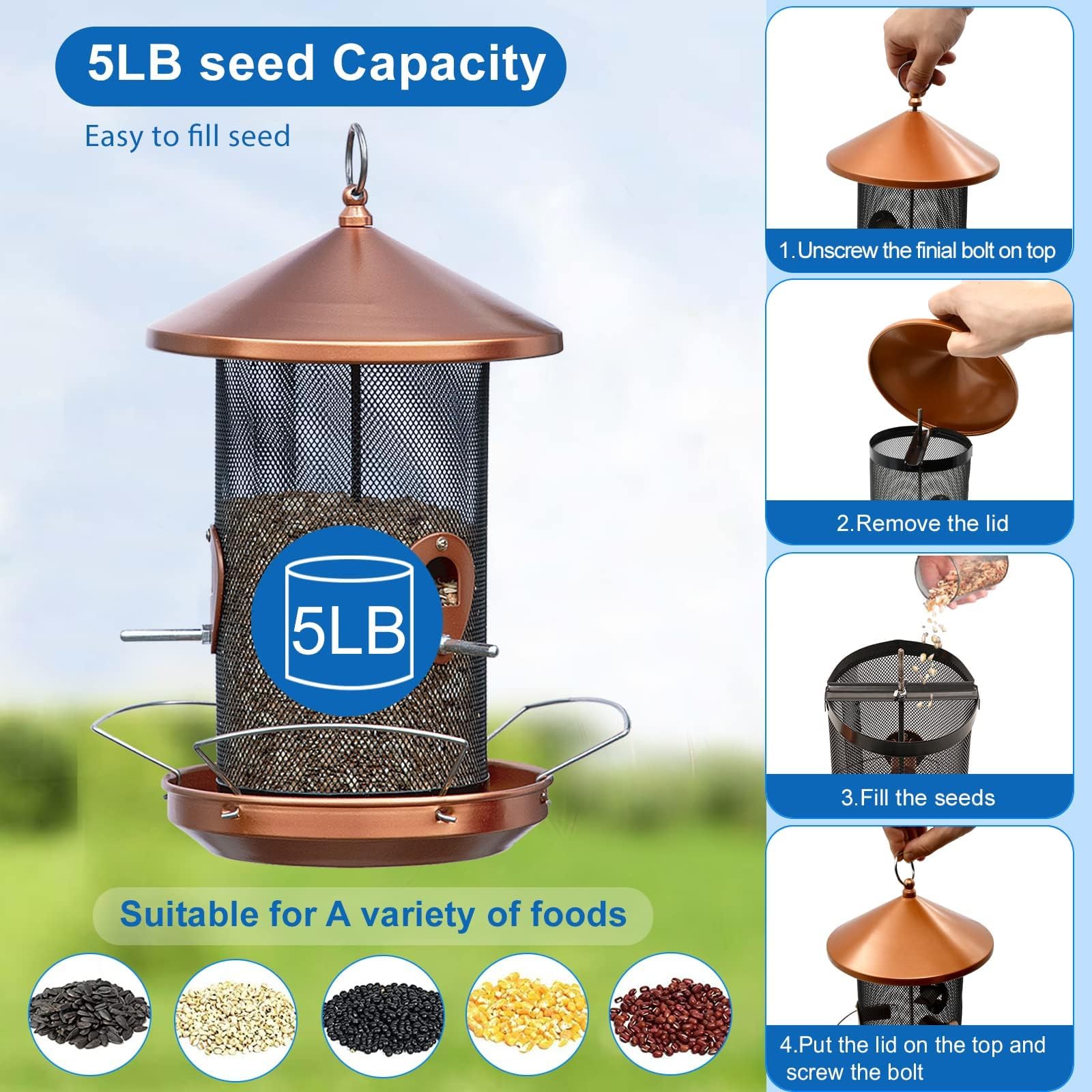 Philodwell feeder accommodates three to five pounds of seed