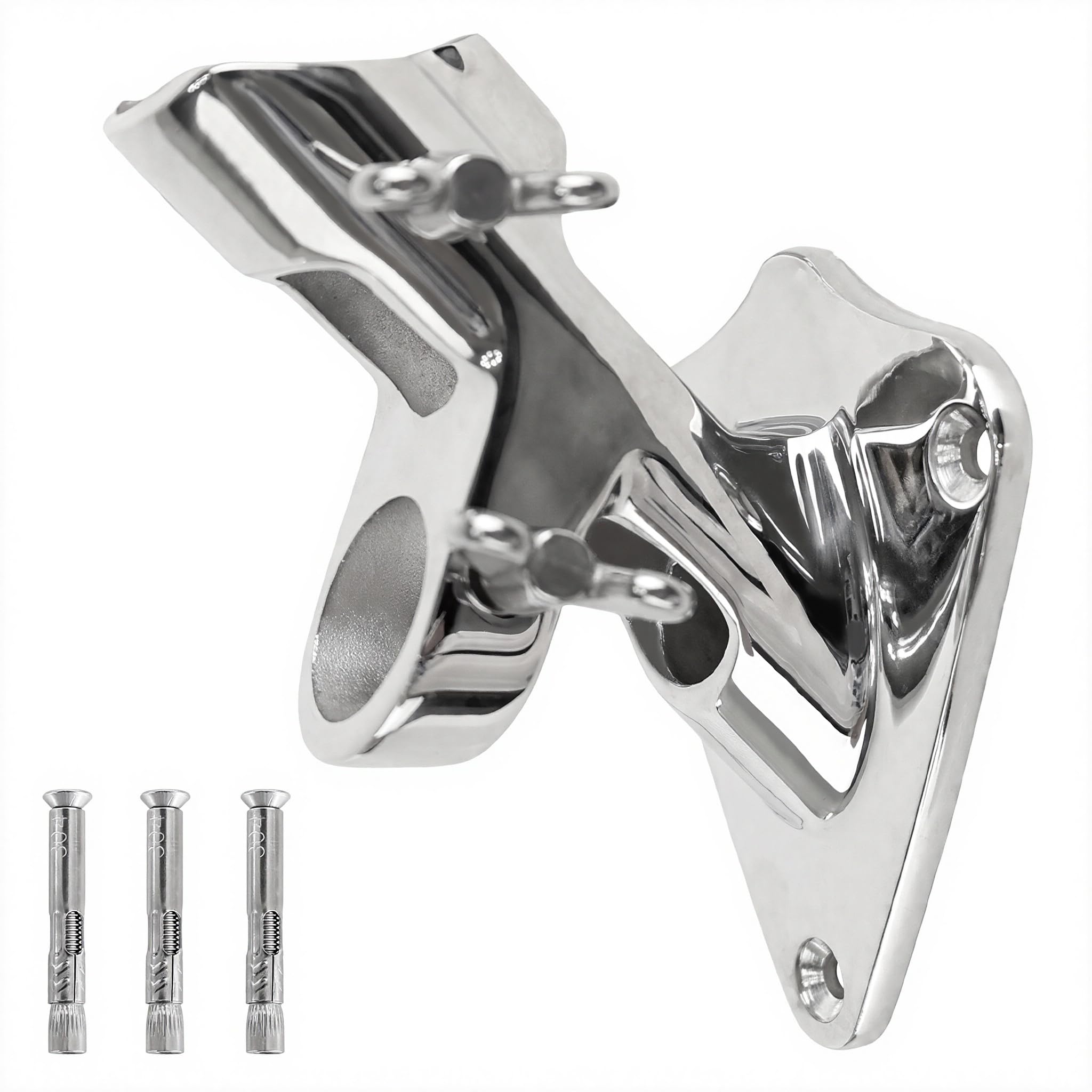 PHITRIC flag pole holder outdoor wall mount in polished 316 stainless steel for weather resistance.