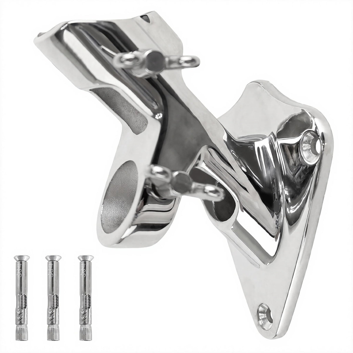 PHITRIC flag pole holder outdoor wall mount in polished 316 stainless steel for weather resistance.