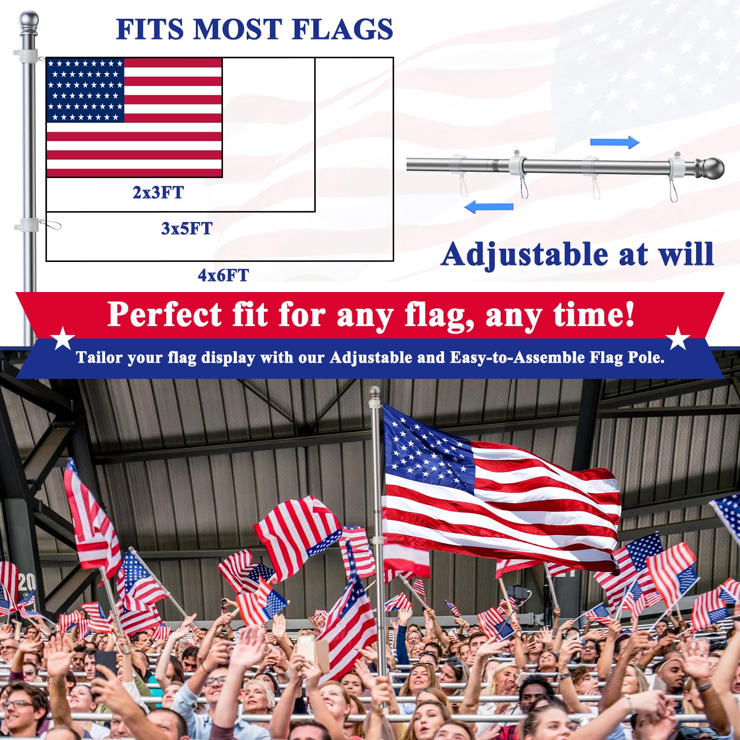 PHITRIC flag pole suitable for indoor and outdoor use on porch or roof.