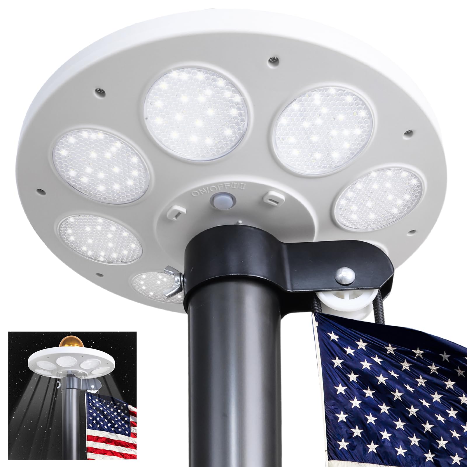 PHITRIC solar flag pole light with 66 panels powering long dusk-to-dawn lighting
