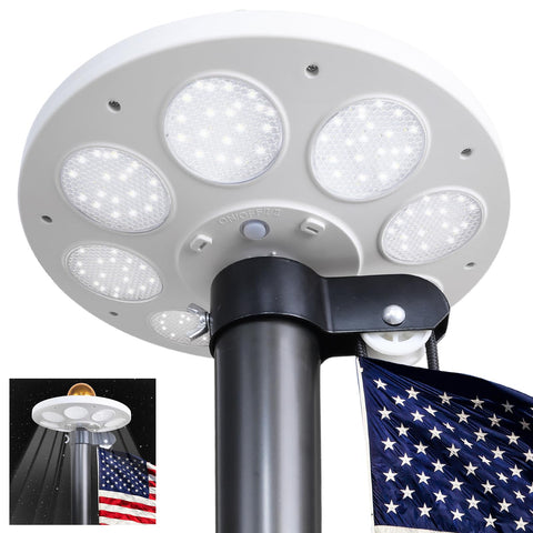 PHITRIC solar flag pole light with 66 panels powering long dusk-to-dawn lighting