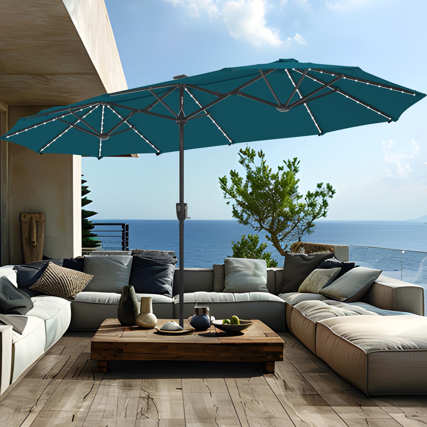 PHI VILLA 13ft patio umbrella with LED lights along ribs for magical evenings.