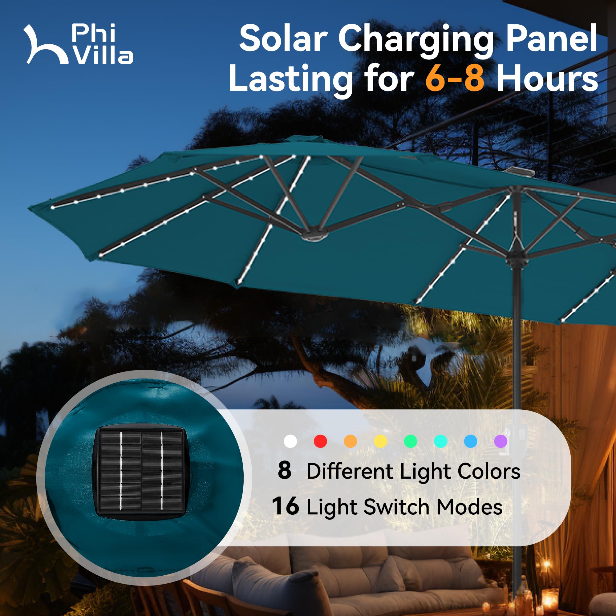 PHI VILLA umbrella shows color-changing LEDs along every rib for ambiance.