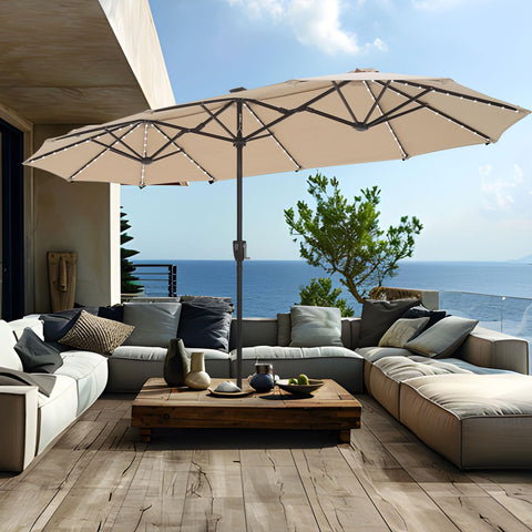 PHI VILLA beige canopy in a patio setup with dining furniture.
