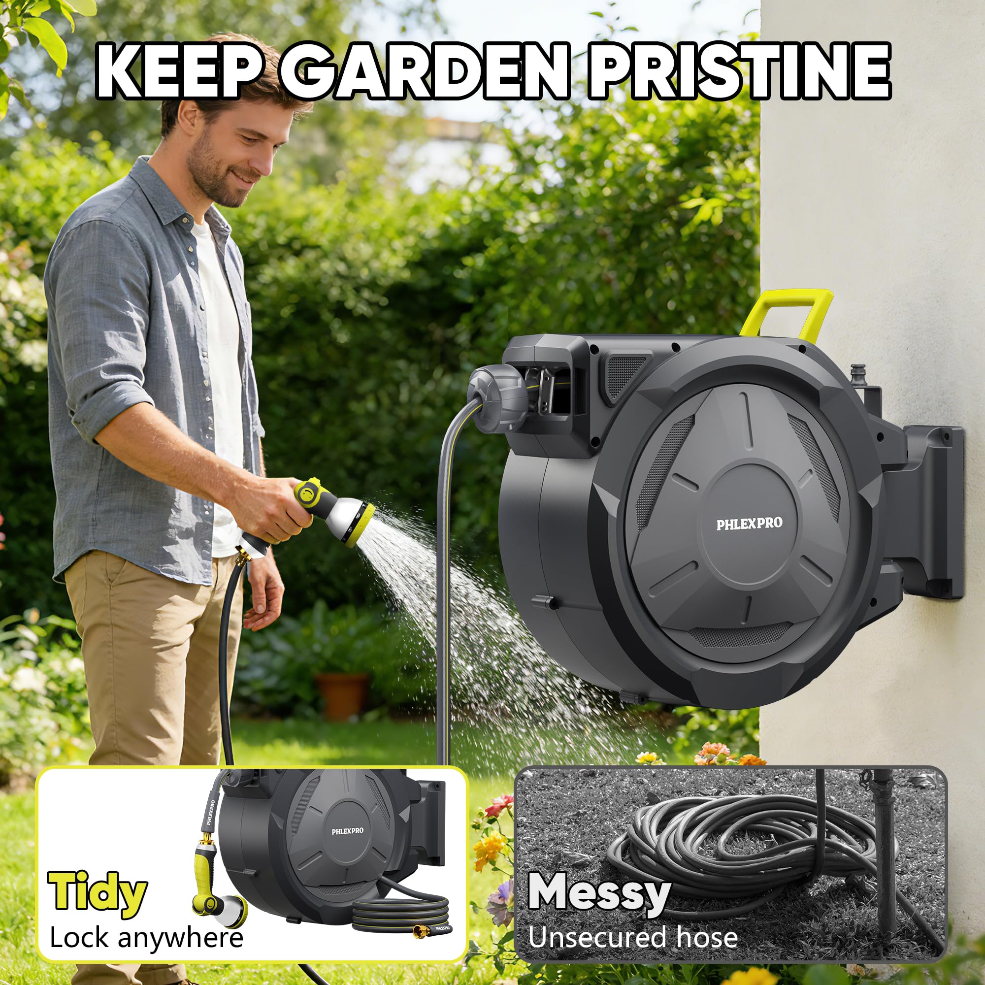 180-degree swivel bracket enables flexible reach around the garden work area.