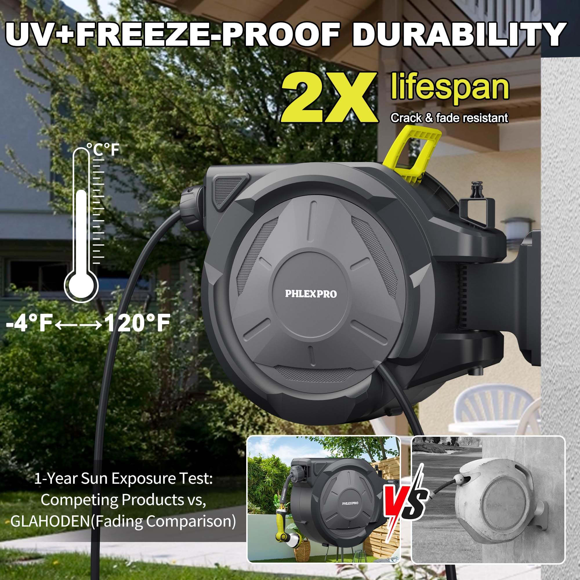PHLEX PRO 10-pattern nozzle shows versatile spray options for garden and car care.