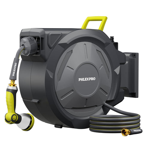PHLEX PRO retractable hose reel wall mount keeps 75ft hose tidy and ready for use.