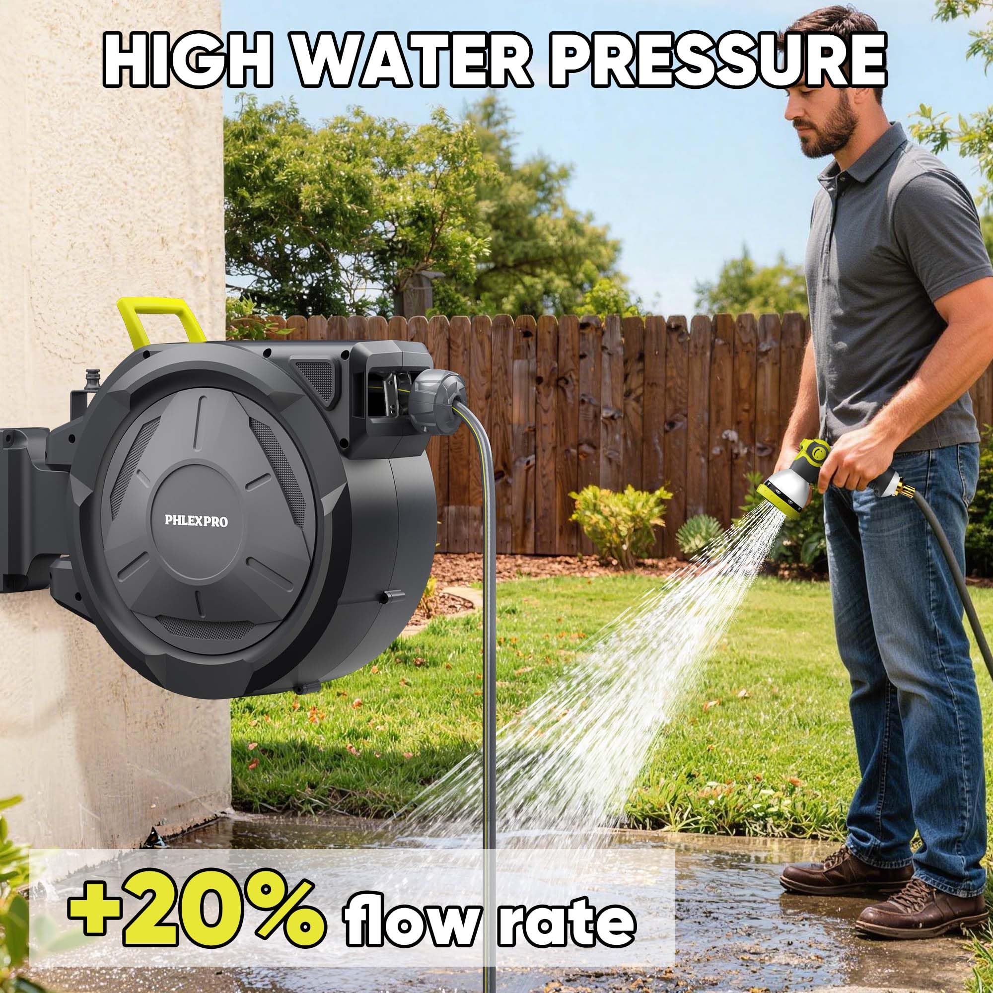Hose neatly retracted after use to keep patio clutter-free with PHLEX PRO.