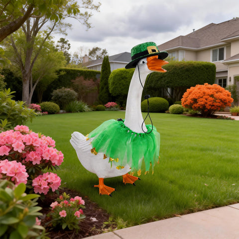 phnydreg St. Patrick's goose outfit showcased on porch for yard decor.