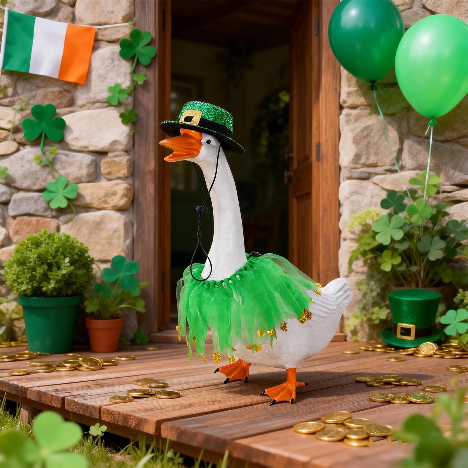 phnydreg Yard display with Patrick attire brightens gardens during holidays.