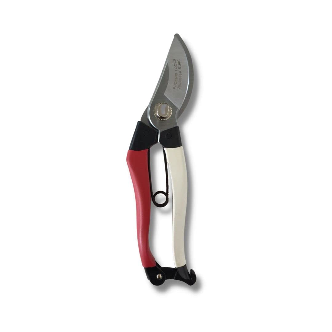 Phoenix Tools hand pruner side view shows ergonomic grip for comfortable pruning.