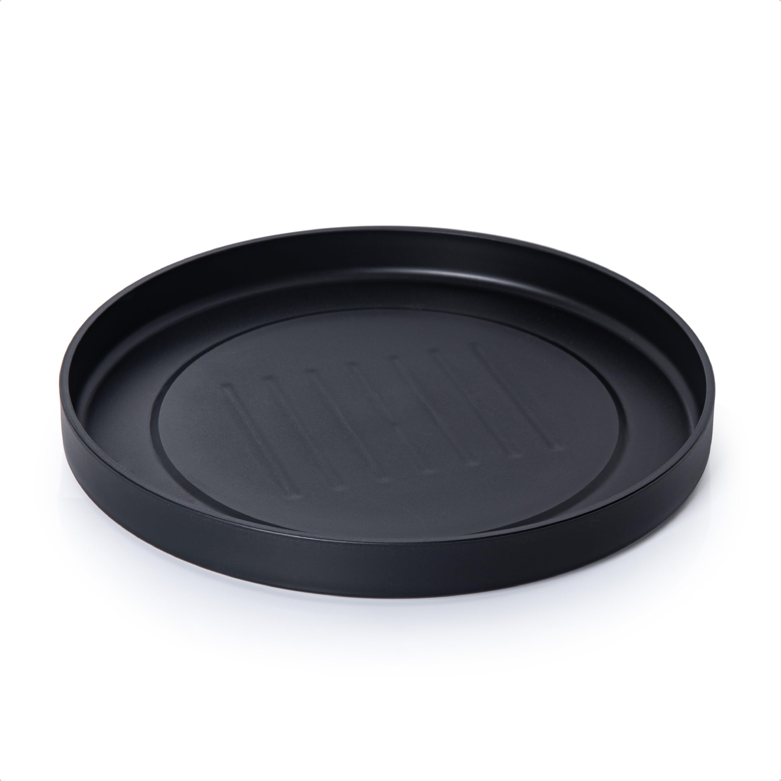 Phoenix Vine 14-inch plastic plant saucer in matte black for tidy indoor use.
