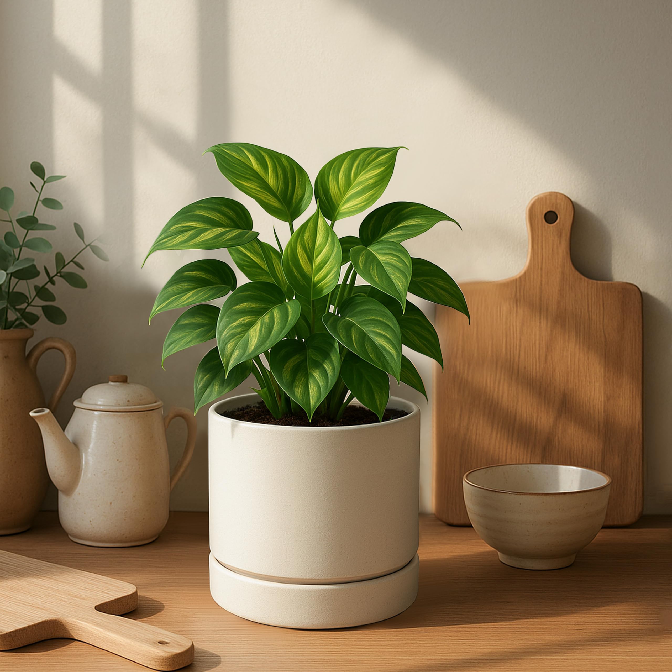 Phoenix Vine 6-inch oatmeal planter deep water catch tray keeps surfaces dry.