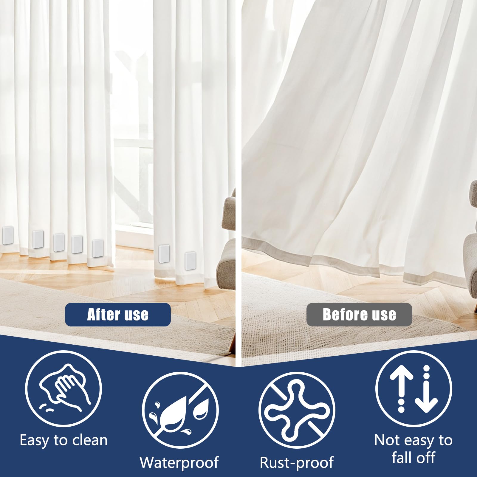 Phoncoo heavy-duty curtain weights withstand outdoor wind and weather.