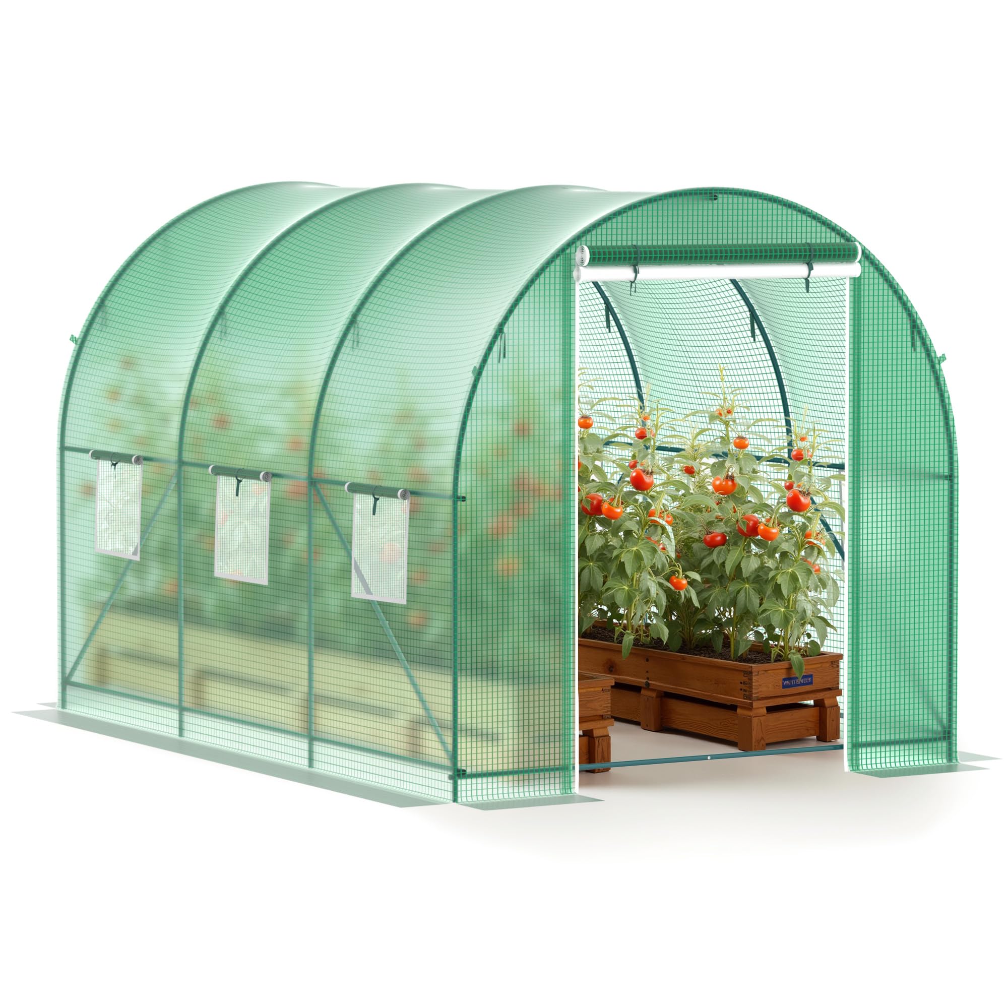 Phonjoroo greenhouse front view, showing heavy-duty frame and walk-in interior.
