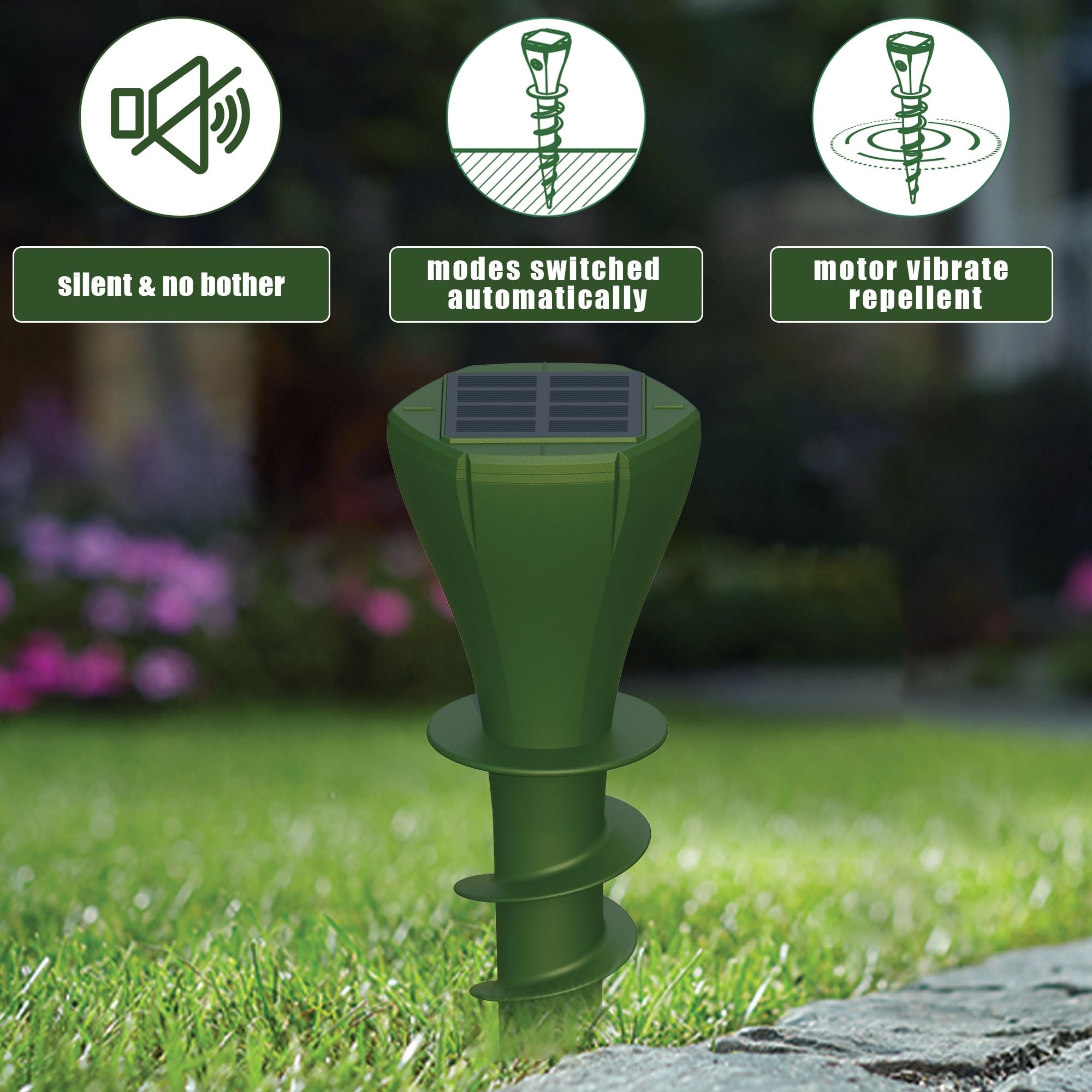 Phosooy mole repeller operates quietly for unobtrusive yard protection.