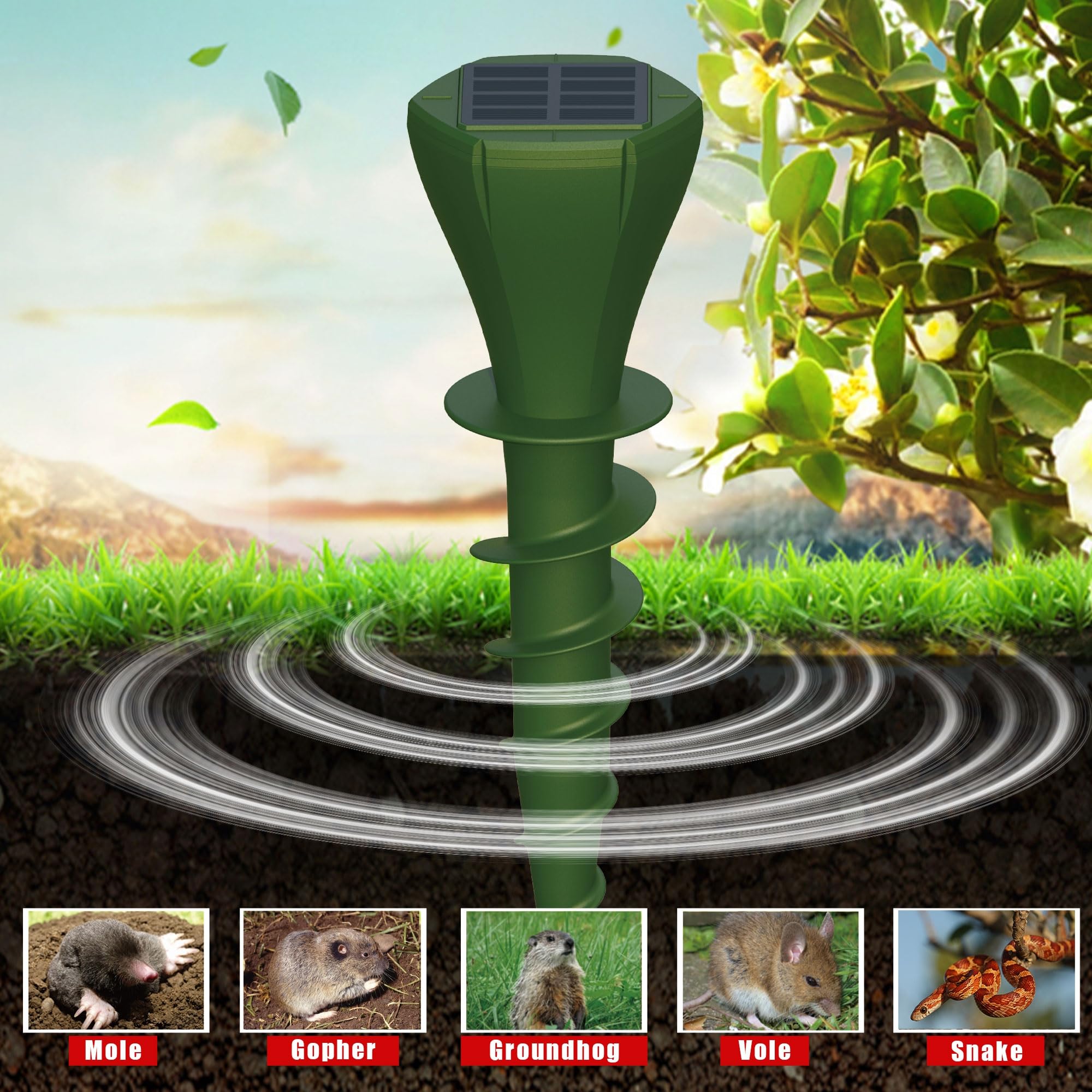 Phosooy solar mole repeller installation in garden demonstrates easy setup.