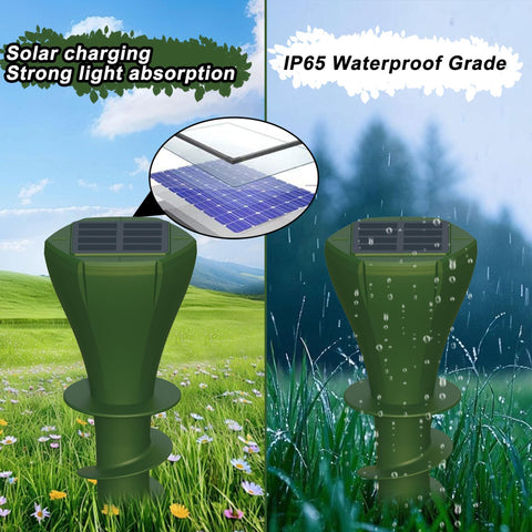 Phosooy solar mole repeller spiral stake closeup highlights easy tool-free installation.