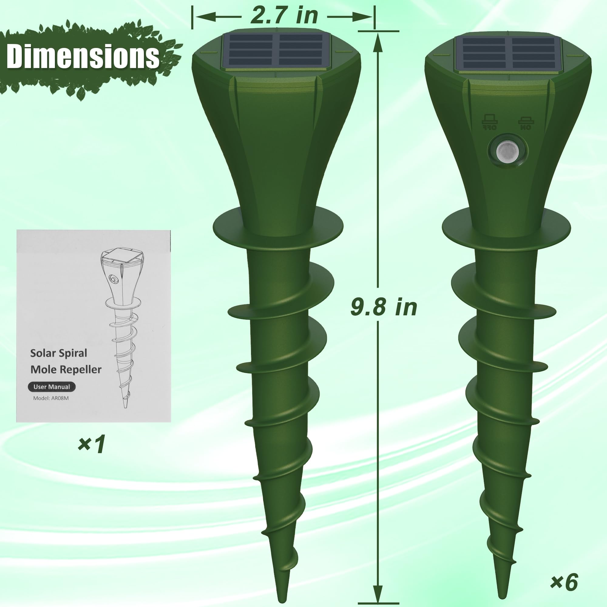 Phosooy Solar Mole Repellers pack side view highlights discreet garden safeguard.