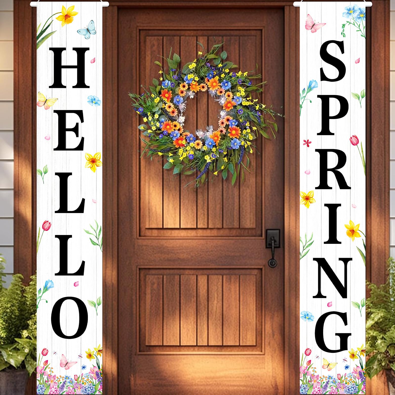 Photken Hello Spring porch banner on a door with blooming flowers to welcome spring