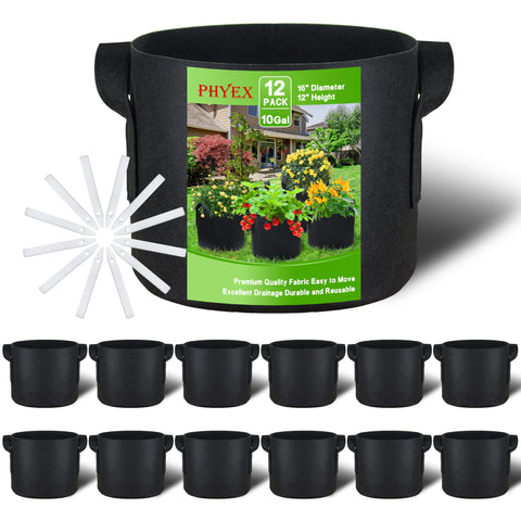 PHYEX 12-pack 10-gallon grow bags with handles for easy transport and flexible gardening