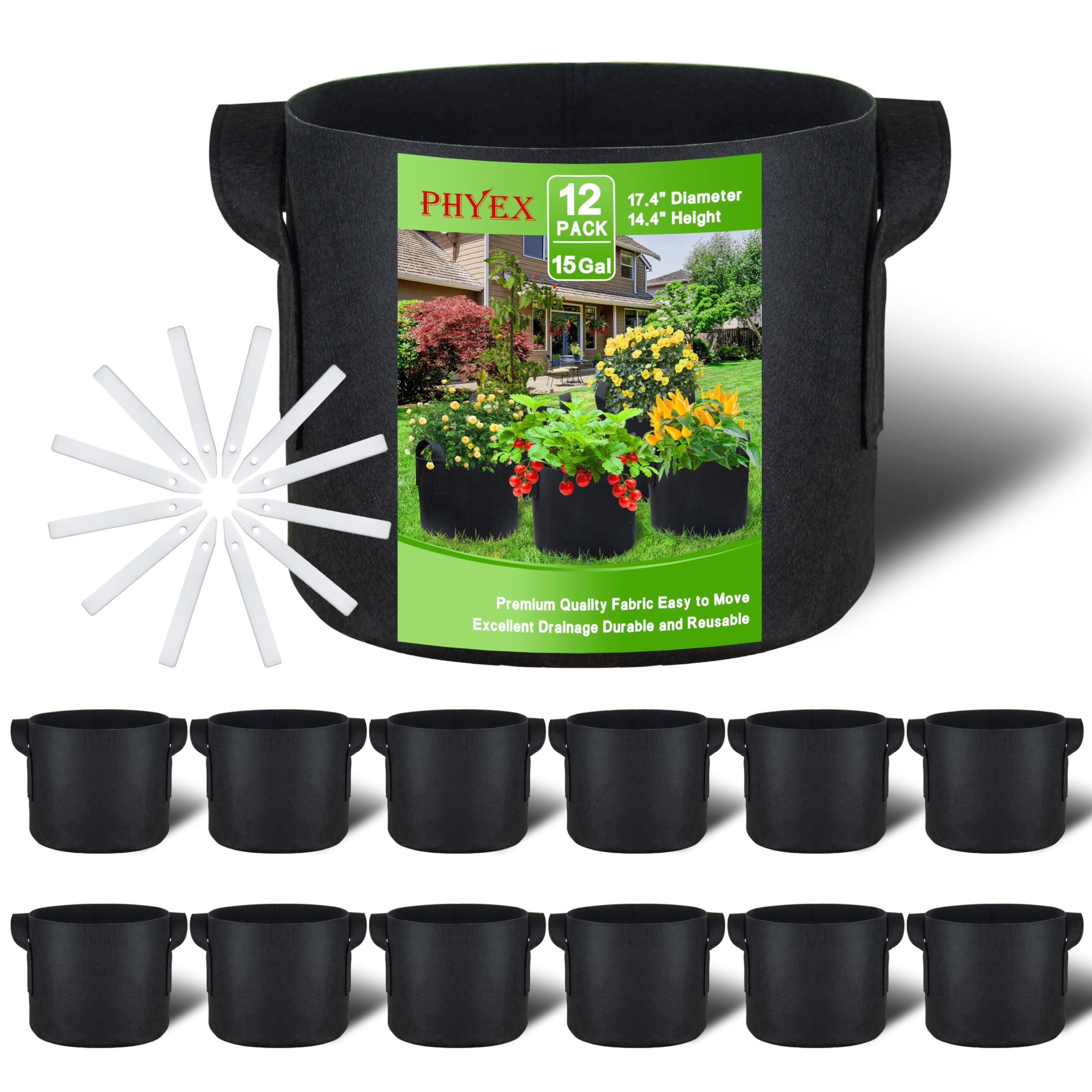 PHYEX 12-pack grow bags with 15-gallon capacity for versatile vegetable gardening