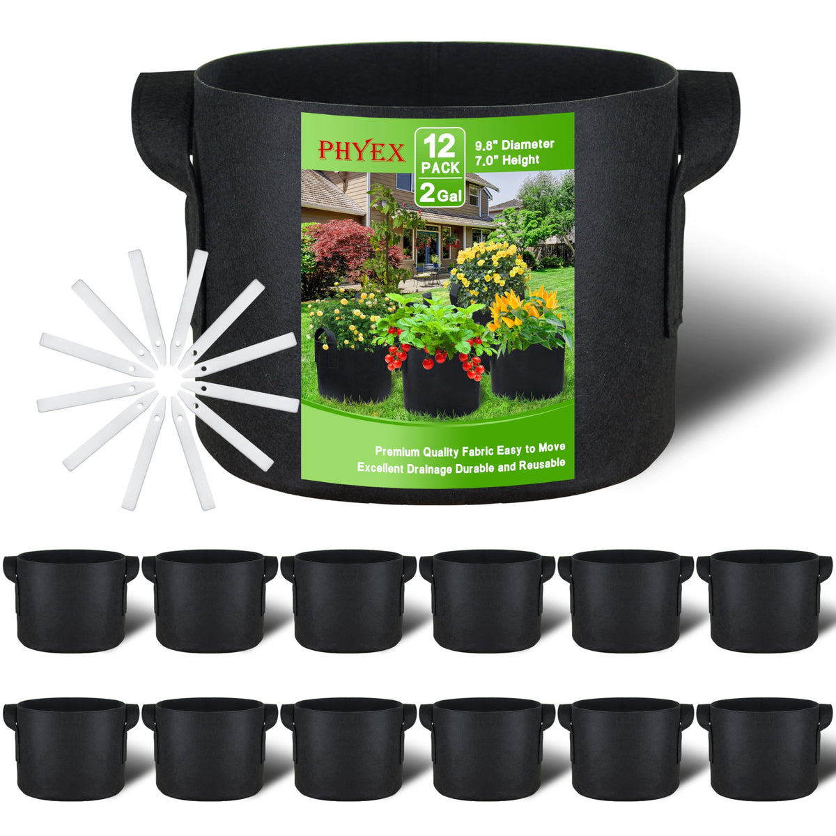 PHYEX 12-pack grow bags with handles for easy mobility and placement
