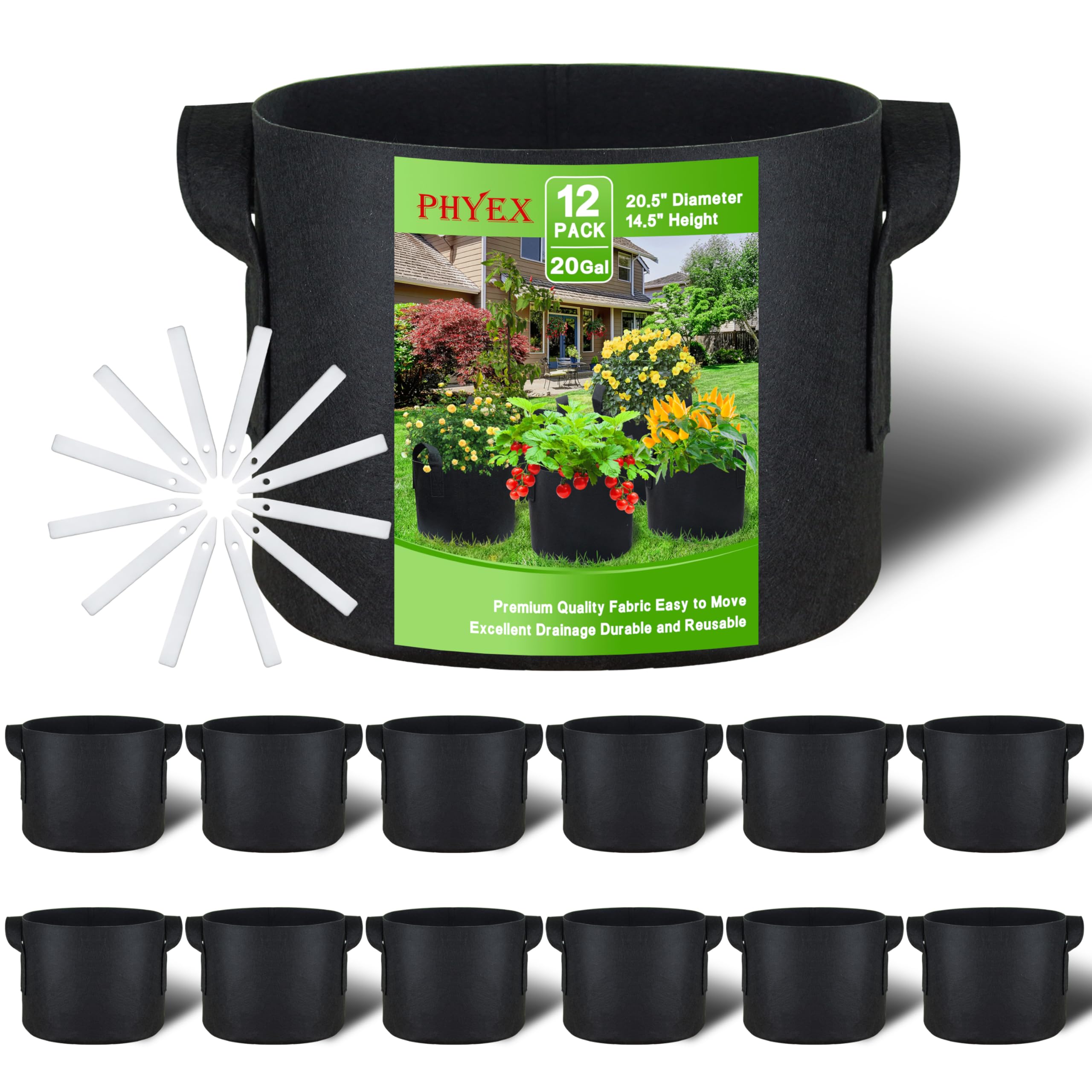 PHYEX 12-pack grow bags group shot showing 20-gallon capacity for versatile planting