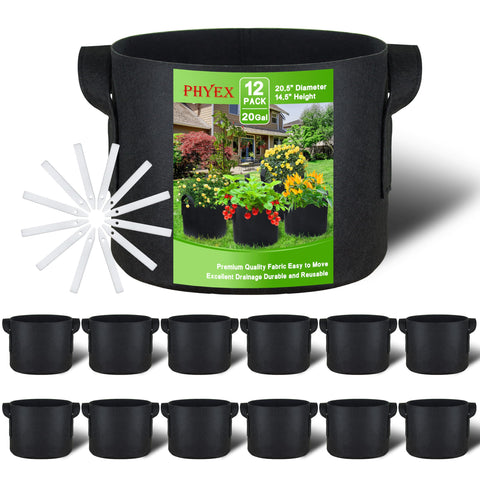 PHYEX 12-pack grow bags group shot showing 20-gallon capacity for versatile planting
