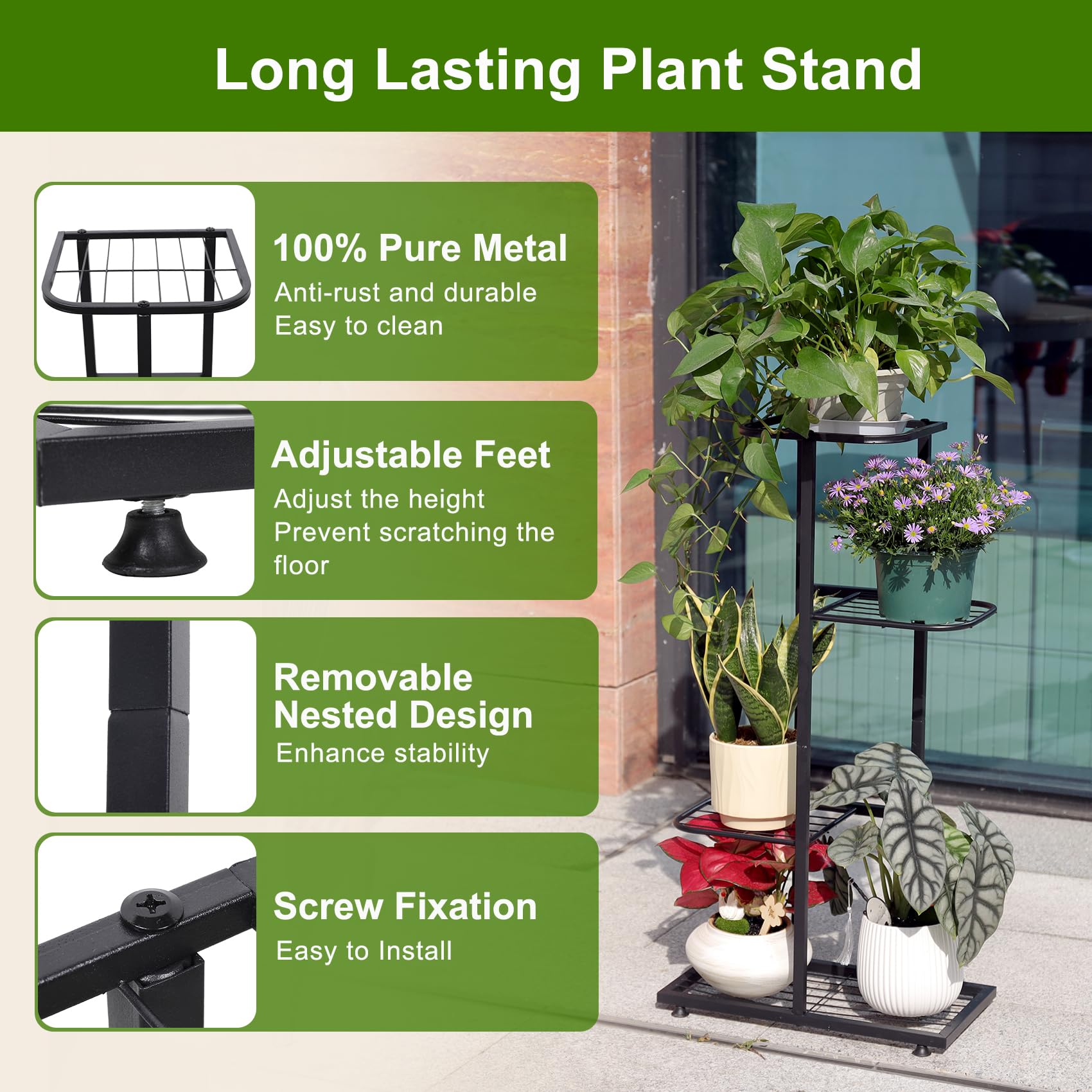 Phyluckny corner metal plant shelf supports multiple pots with stable, rust-resistant design