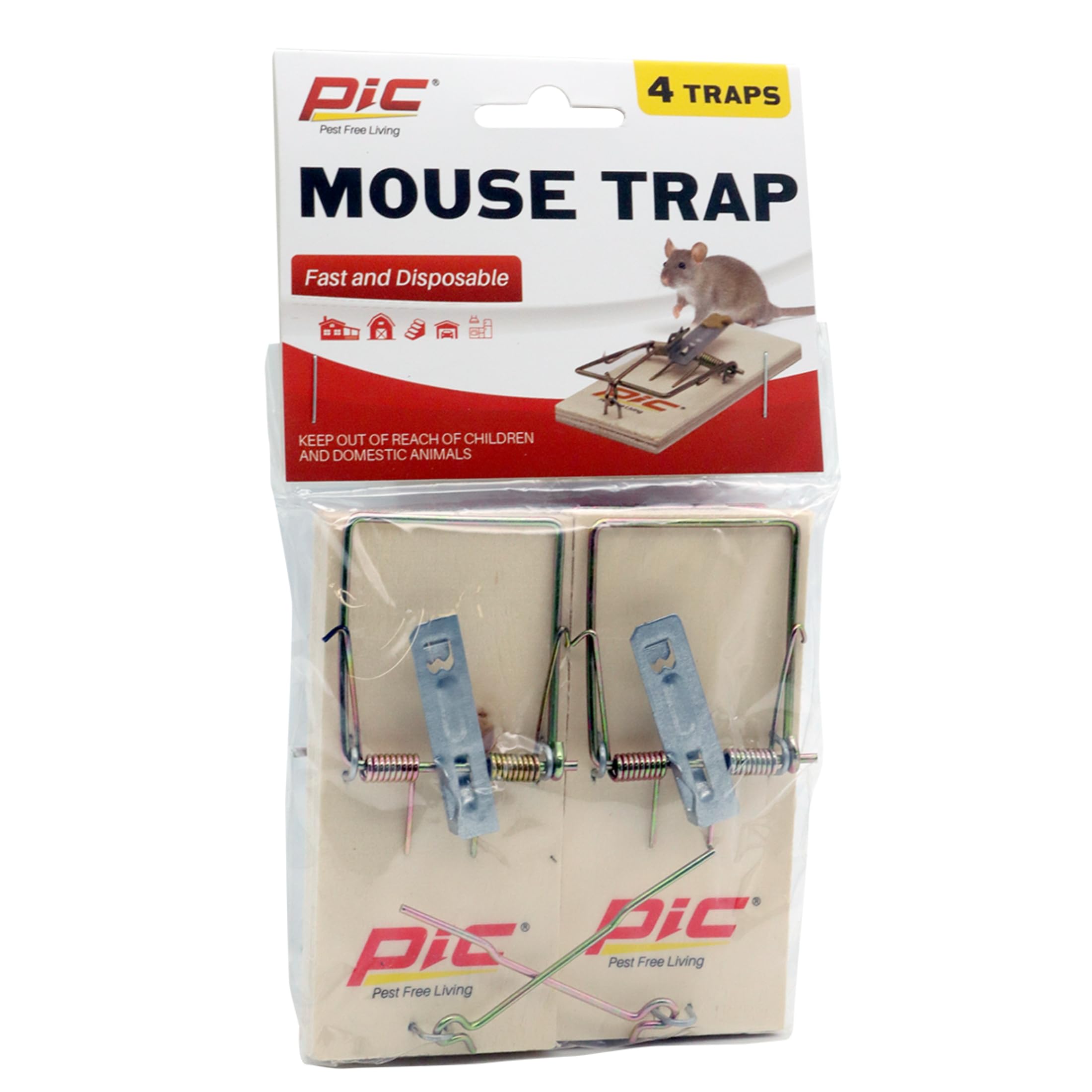 PIC Wood Mouse Trap 4-count package close-up highlights wood construction and chemical-free control