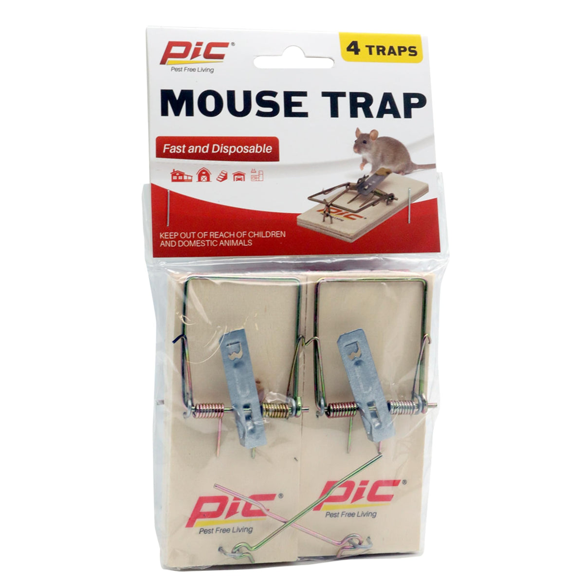 PIC Wood Mouse Trap 4-count package close-up highlights wood construction and chemical-free control