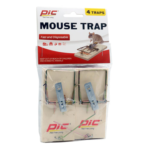 PIC Wood Mouse Trap 4-count package close-up highlights wood construction and chemical-free control