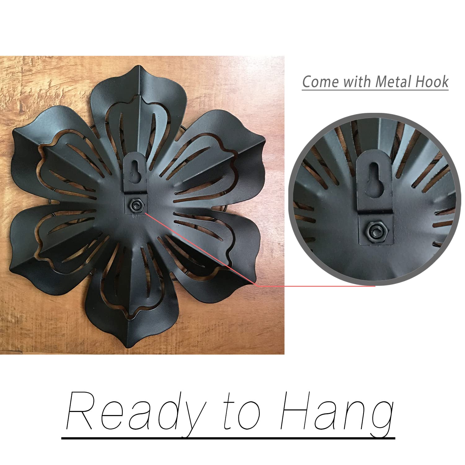 Picfarce metal flower wall art blue-gold back view with hanging hook.
