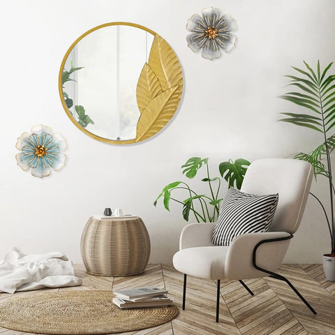 Picfarce metal flower wall art blue-gold in-room setup adding rustic charm.