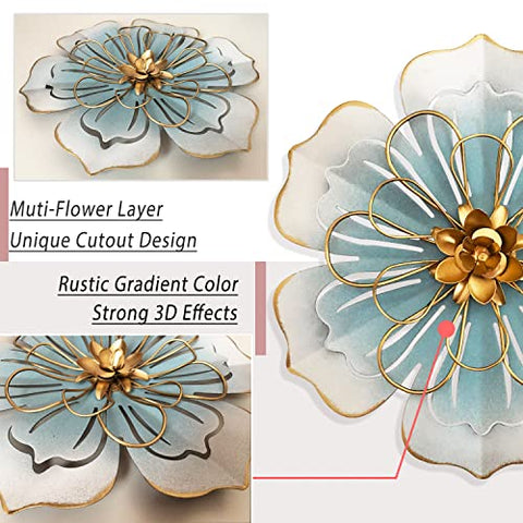 Picfarce metal flower wall art blue-gold side angle highlighting 3D depth.