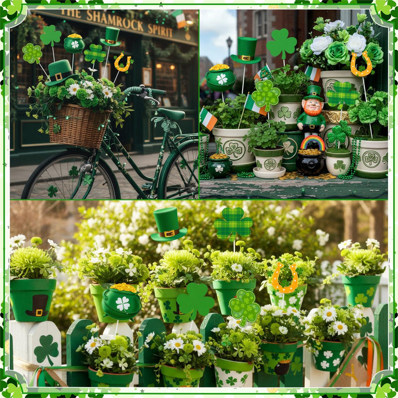Pickmesh Irish garden decor stake accents borders near pots and fences.