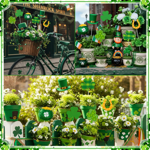 Pickmesh Irish garden decor stake accents borders near pots and fences.