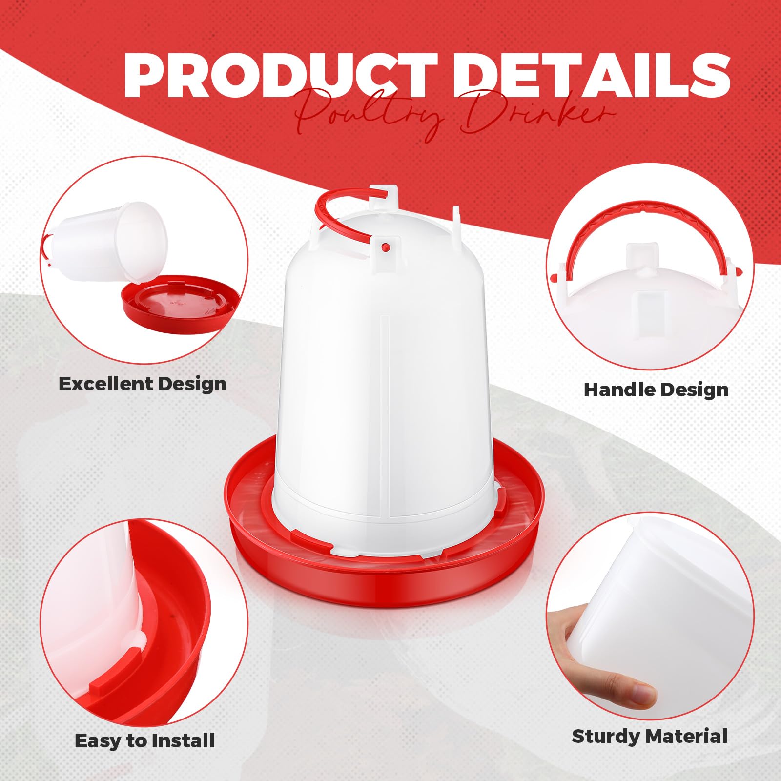 Pickmesh red and white poultry waterer on farm adds color.